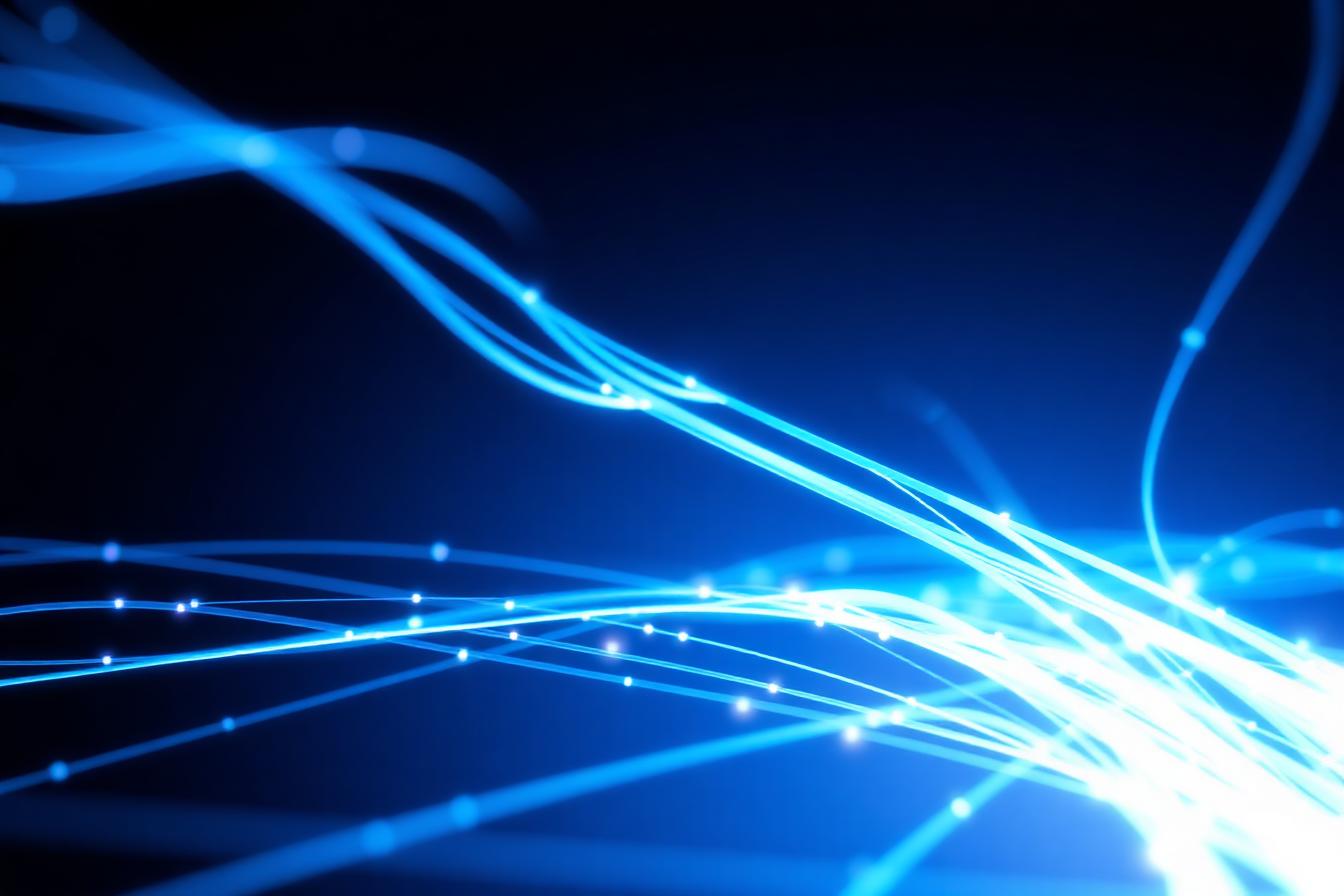 Abstrakte Darstellung eines leuchtenden Glasfasernetz-Knotens